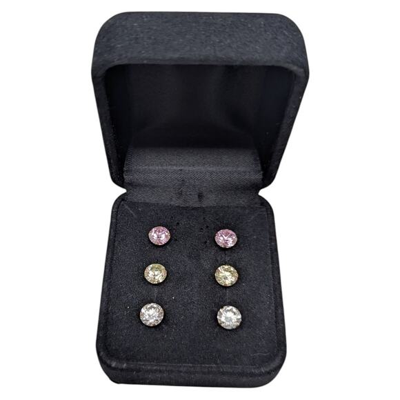 Set of 3 Pairs CZ Stud Earrings 14K Gold Pink, Yellow & Clear Stones JCM Marked - Picture 1 of 5